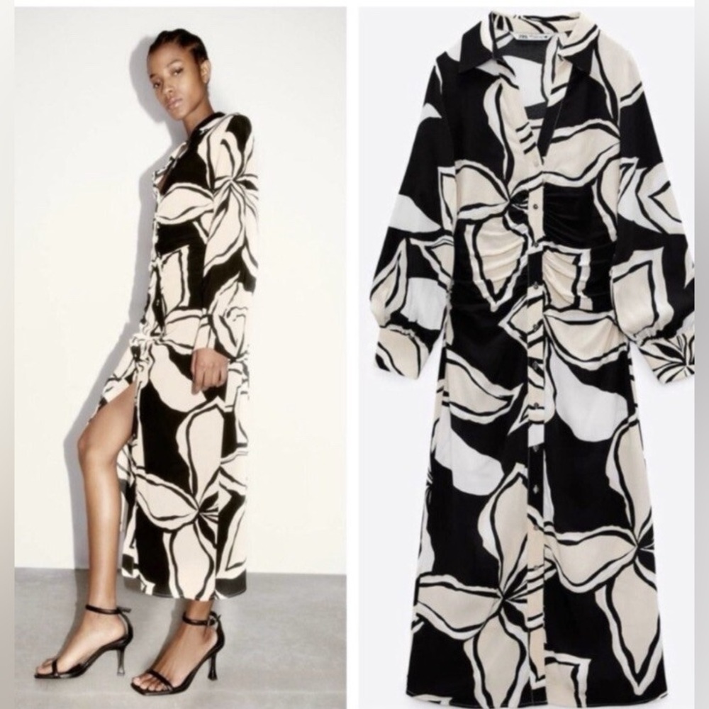 Zara Black and White Floral Long Sleeve Dress